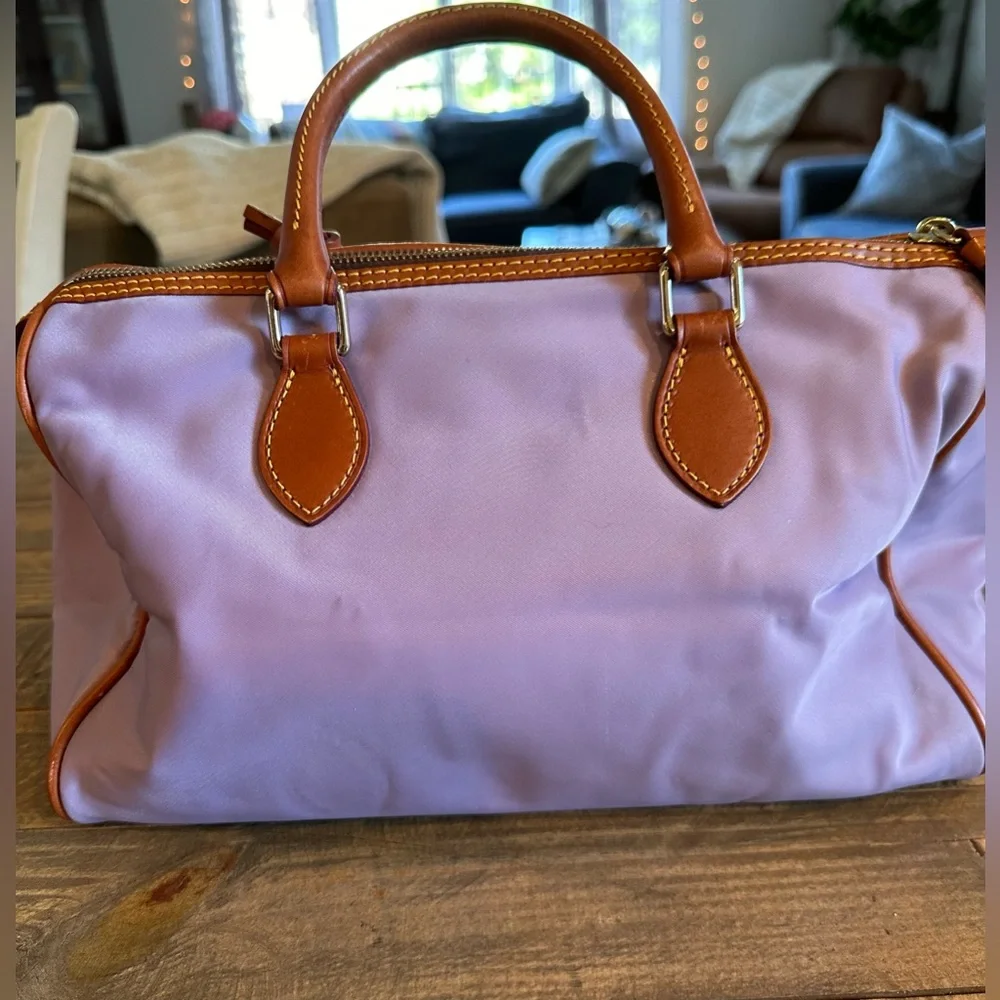 Dooney & Bourke Lavender Nylon Satchel with Brown Leather Trim